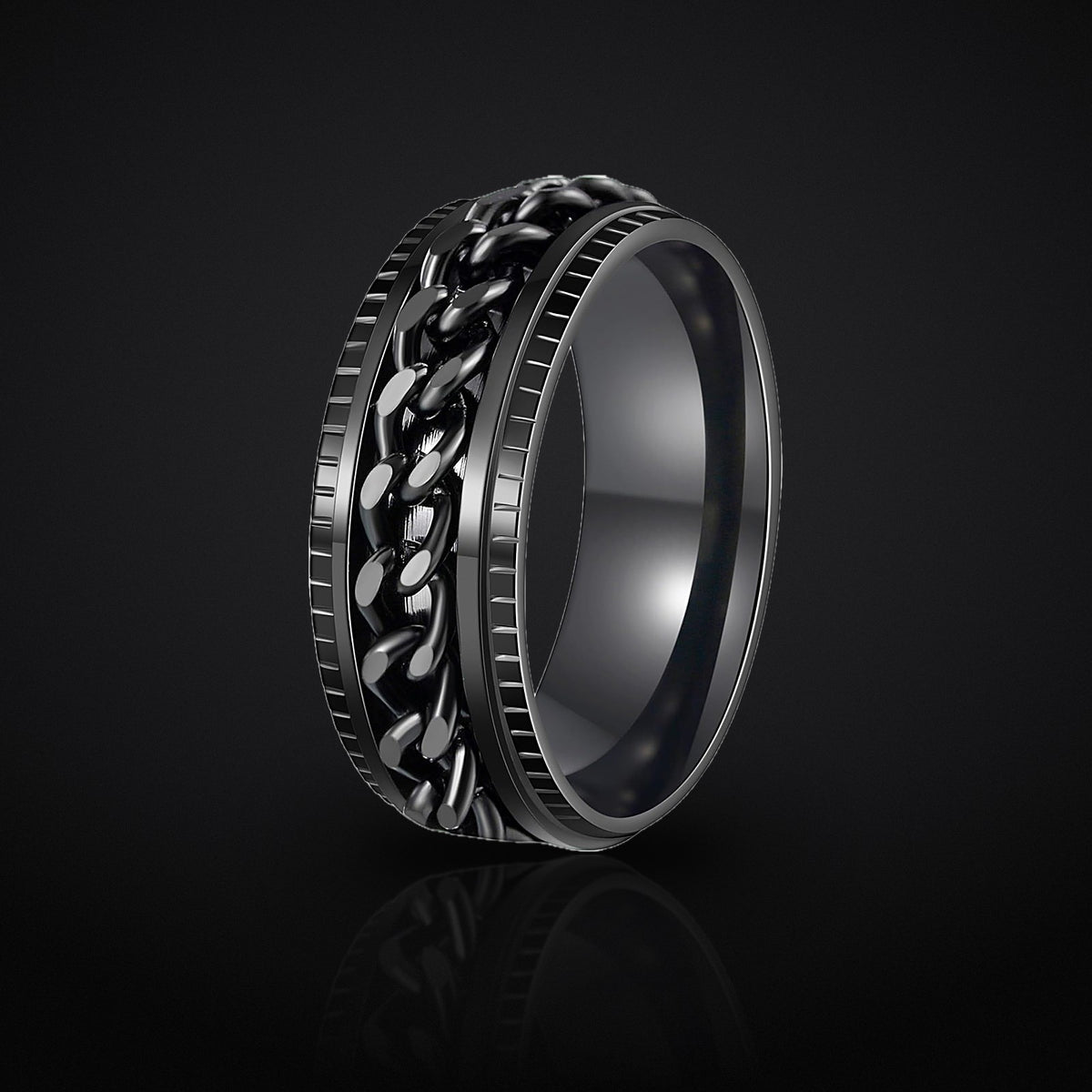 Halo Ring black chain spinner ring, studio shot