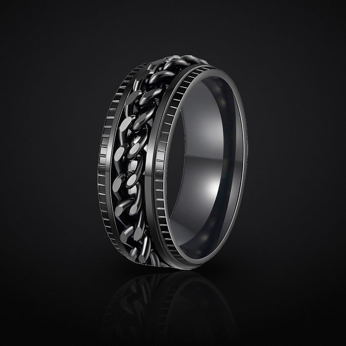Halo Ring black chain spinner ring, studio shot