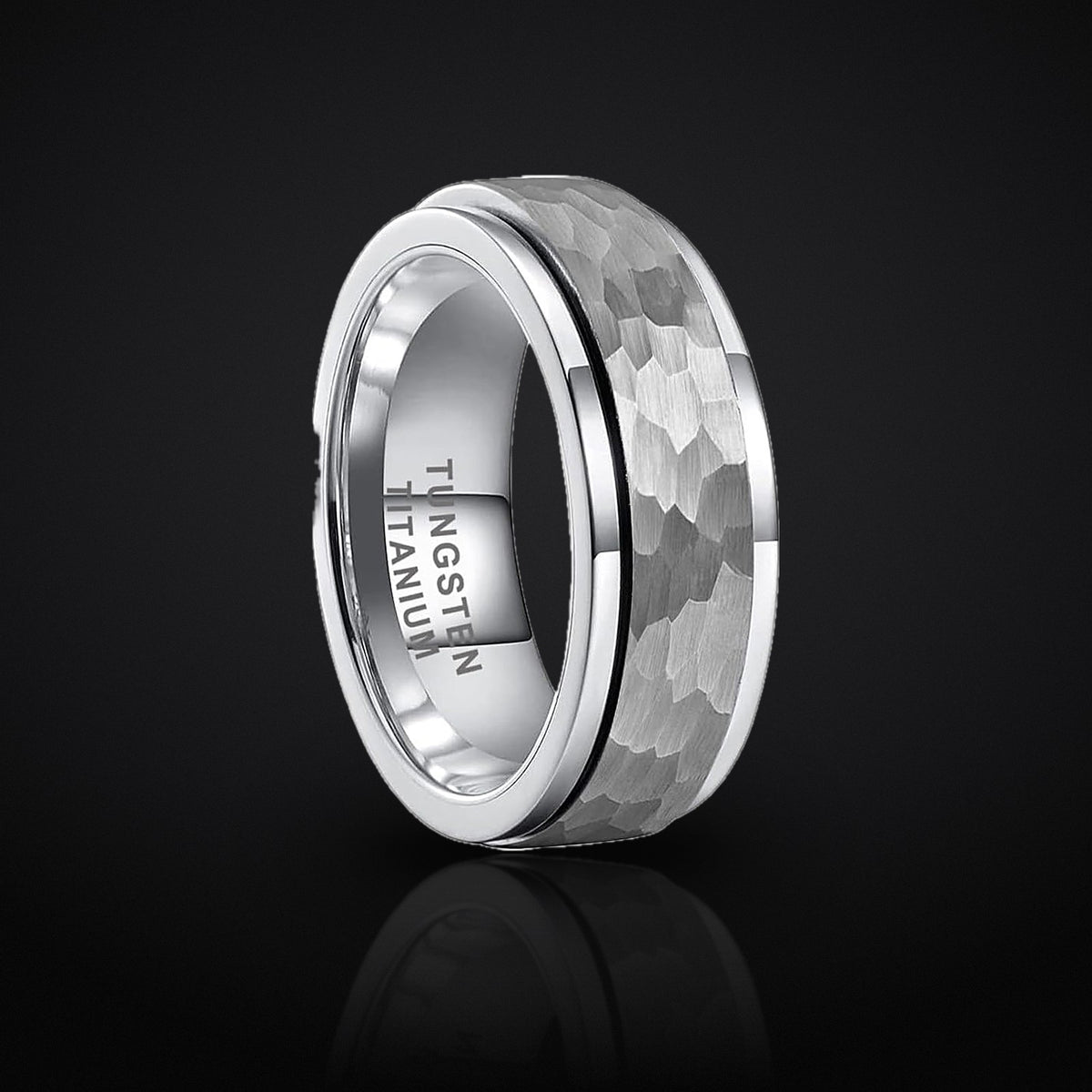 Ridge Ring 8mm hammered tungsten spinner ring, studio shot