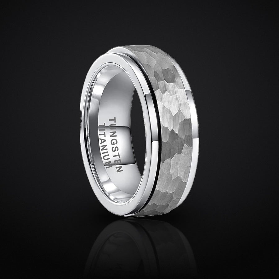 Ridge Ring 8mm hammered tungsten spinner ring, studio shot